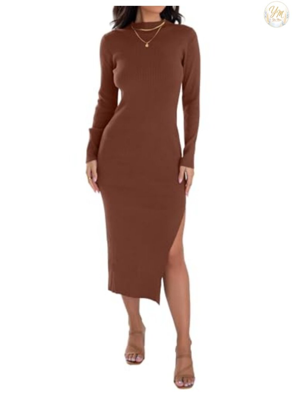 Womens Knit Bodycon Sweater Dress Long Sleeve Mock Neck Midi Side Slit